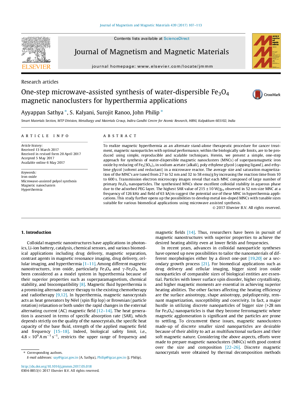 One-step microwave-assisted synthesis of water-dispersible Fe3O4 magnetic nanoclusters for hyperthermia applications