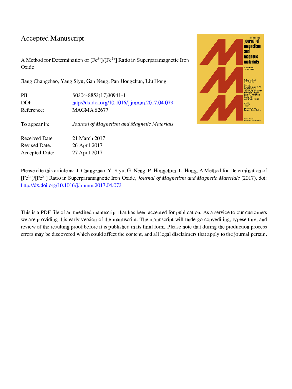 A method for determination of [Fe3+]/[Fe2+] ratio in superparamagnetic iron oxide