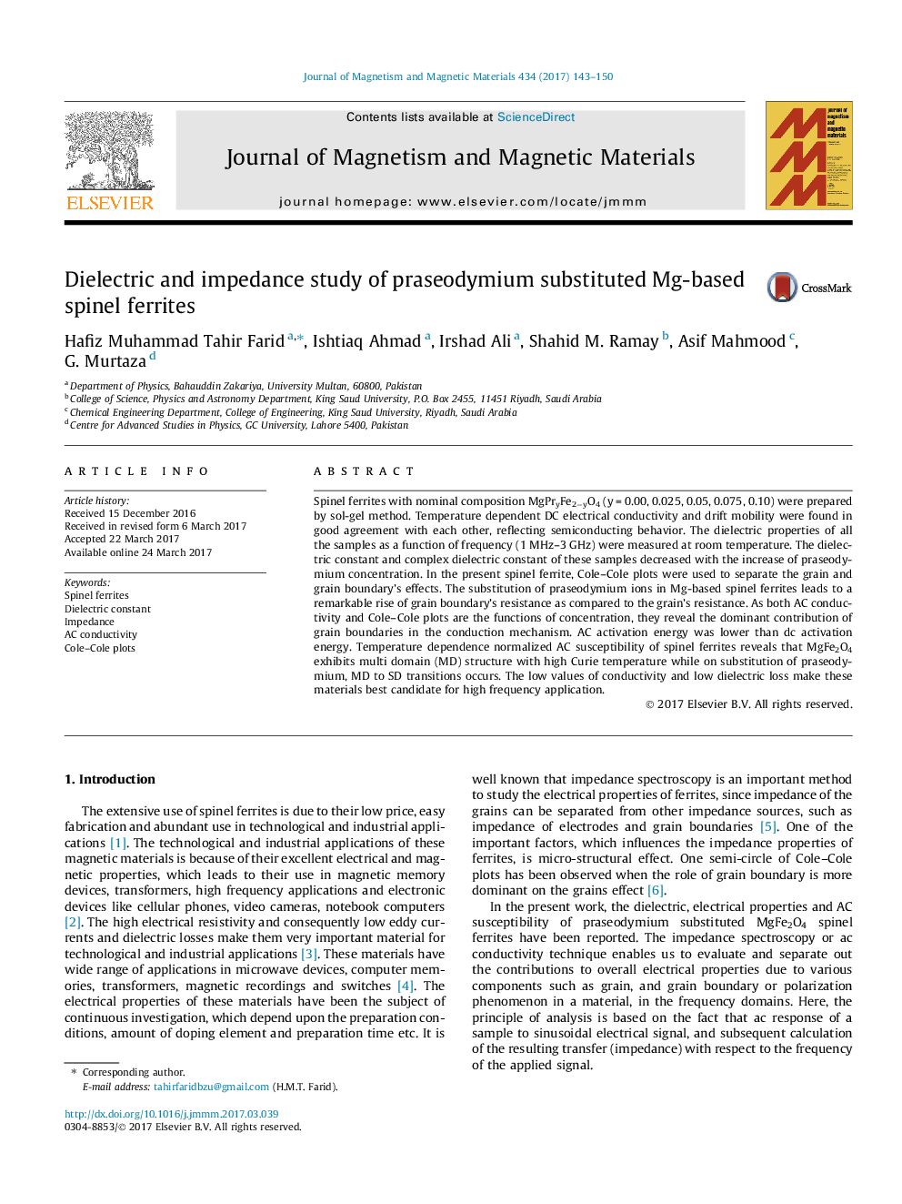 Dielectric and impedance study of praseodymium substituted Mg-based spinel ferrites