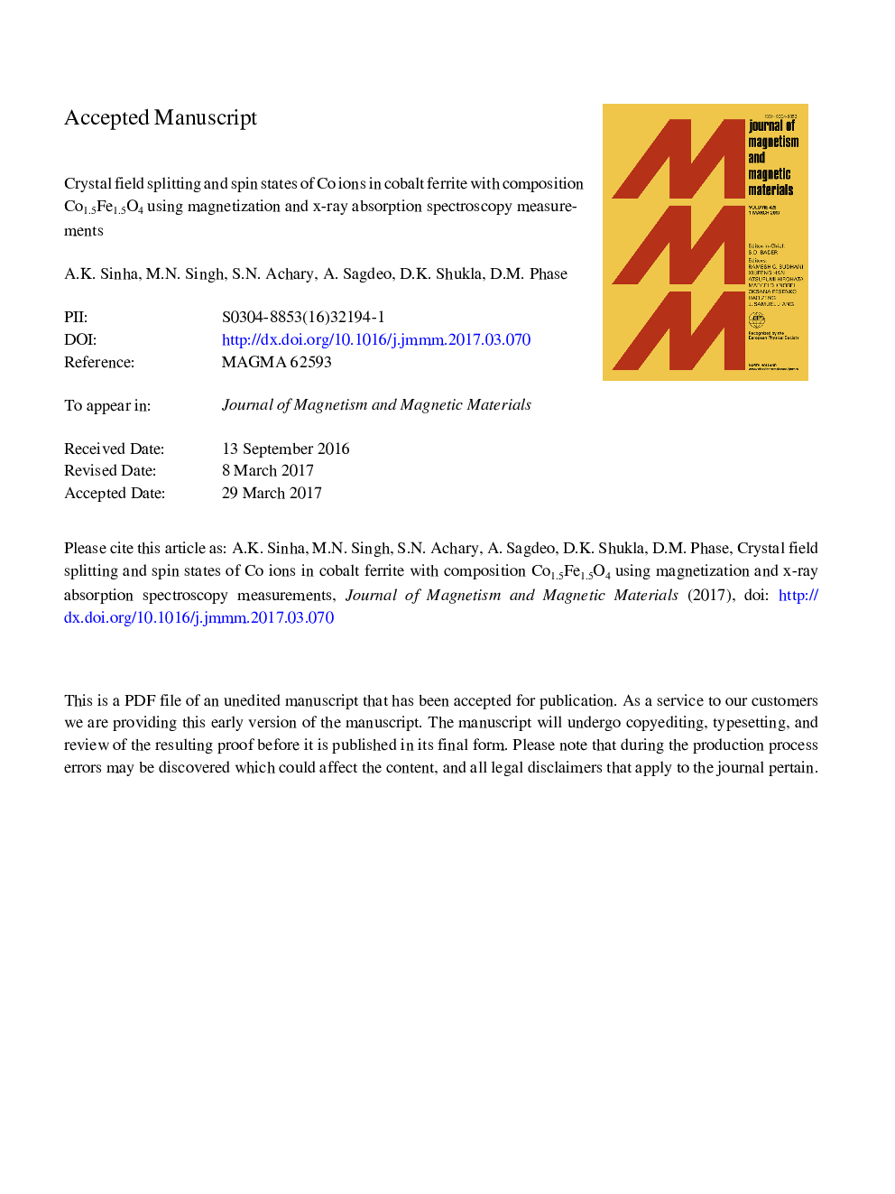 Crystal field splitting and spin states of Co ions in cobalt ferrite with composition Co1.5Fe1.5O4 using magnetization and X-ray absorption spectroscopy measurements