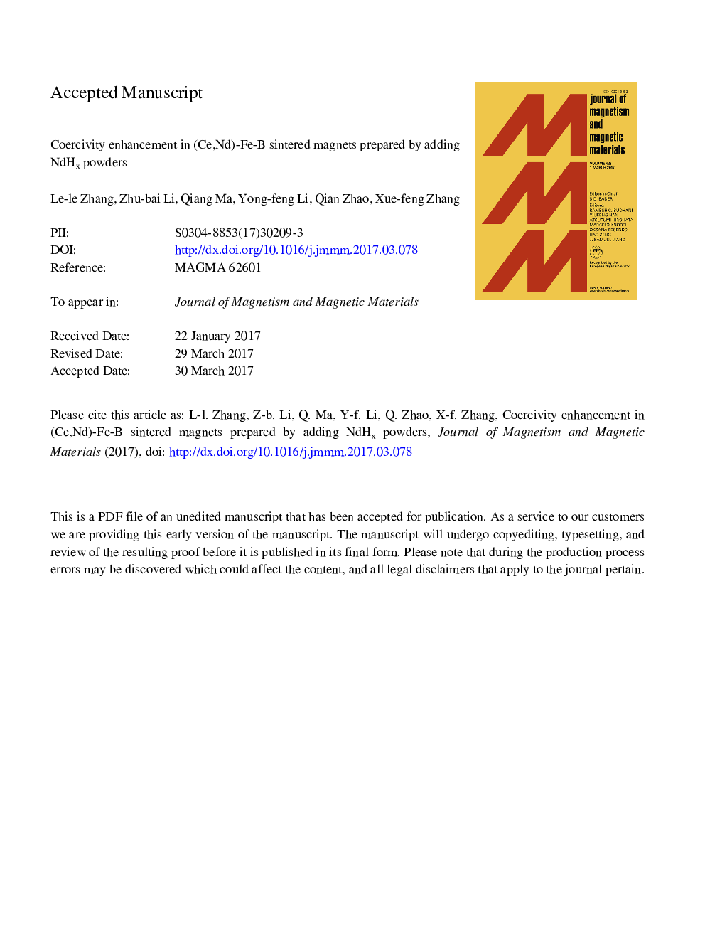 Coercivity enhancement in (Ce,Nd)-Fe-B sintered magnets prepared by adding NdHx powders