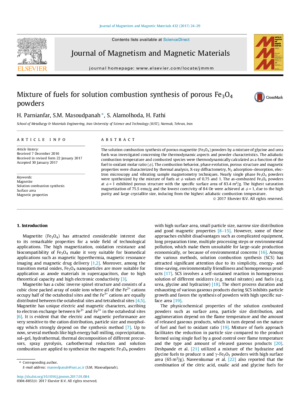 Mixture of fuels for solution combustion synthesis of porous Fe3O4 powders