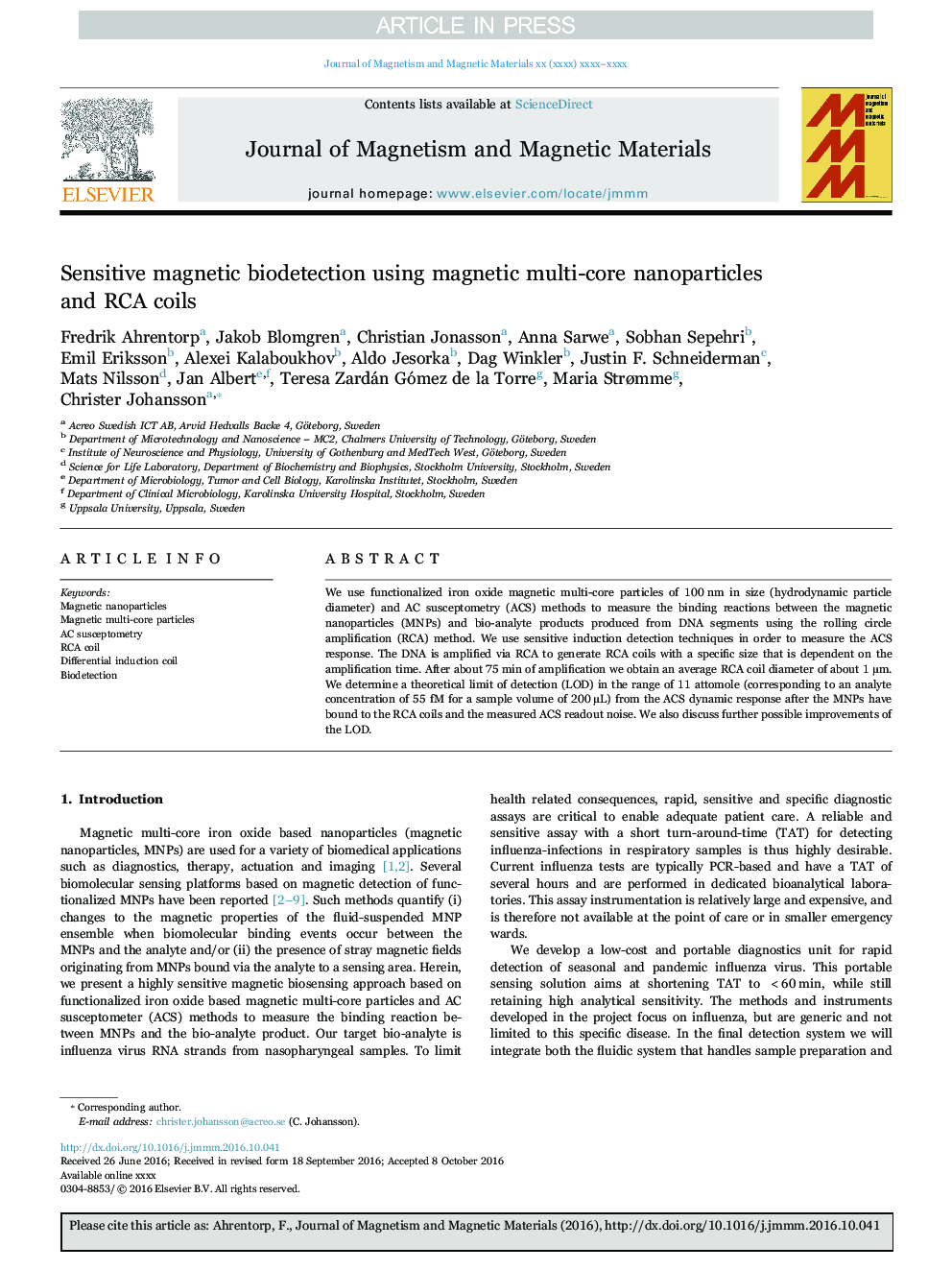 Sensitive magnetic biodetection using magnetic multi-core nanoparticles and RCA coils