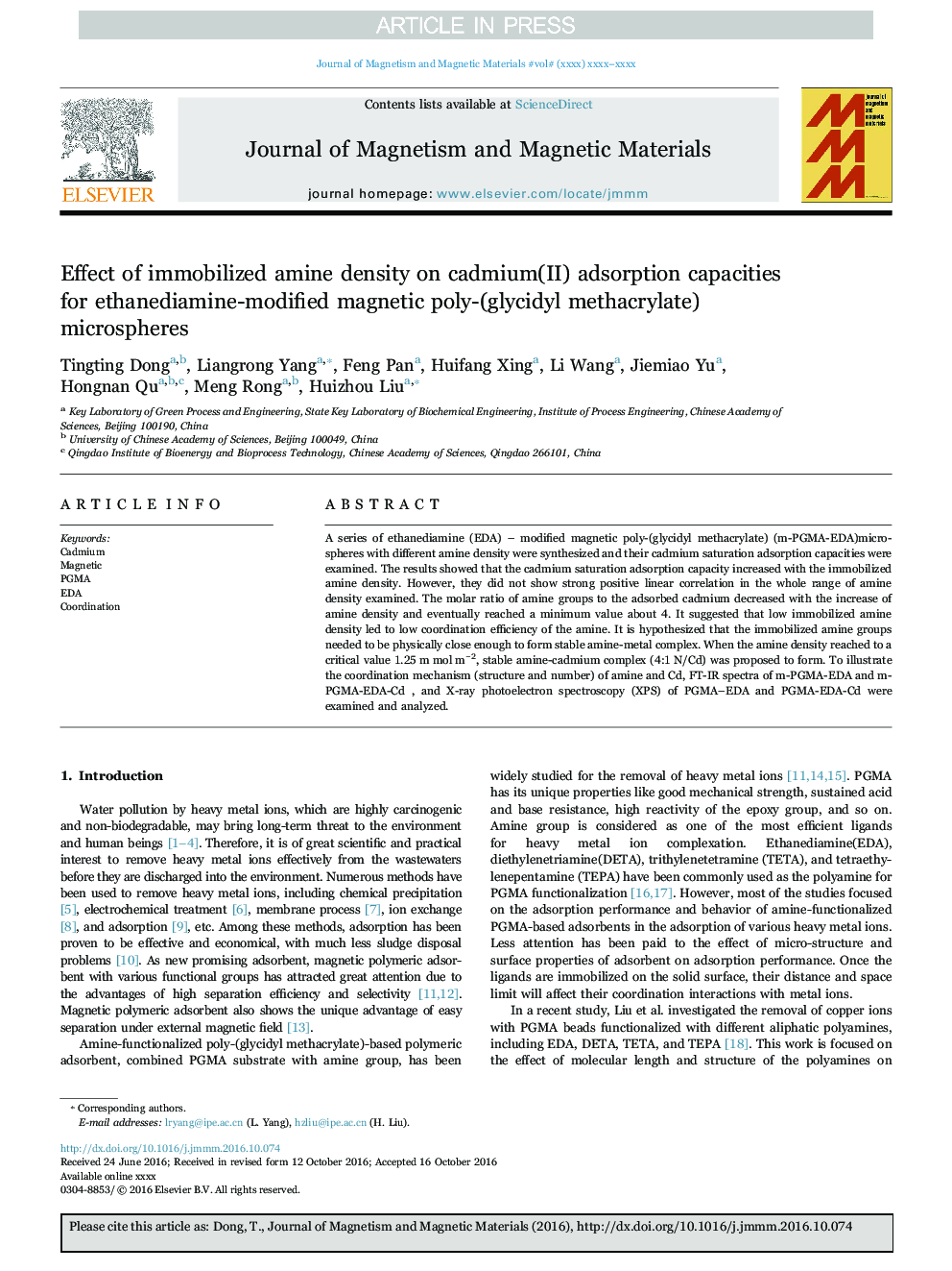 Effect of immobilized amine density on cadmium(II) adsorption capacities for ethanediamine-modified magnetic poly-(glycidyl methacrylate) microspheres