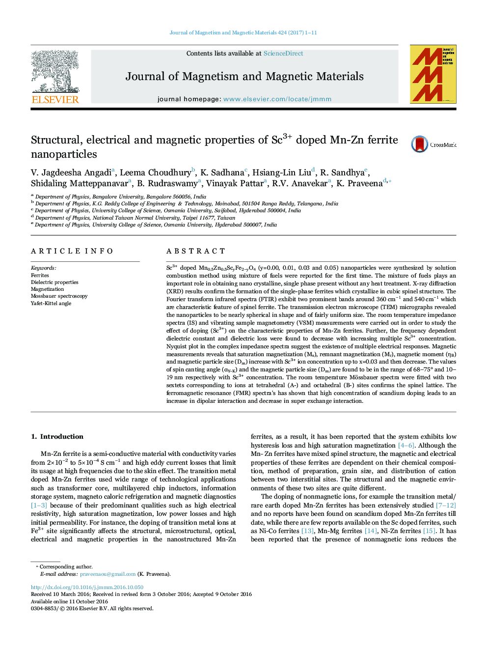 Structural, electrical and magnetic properties of Sc3+ doped Mn-Zn ferrite nanoparticles