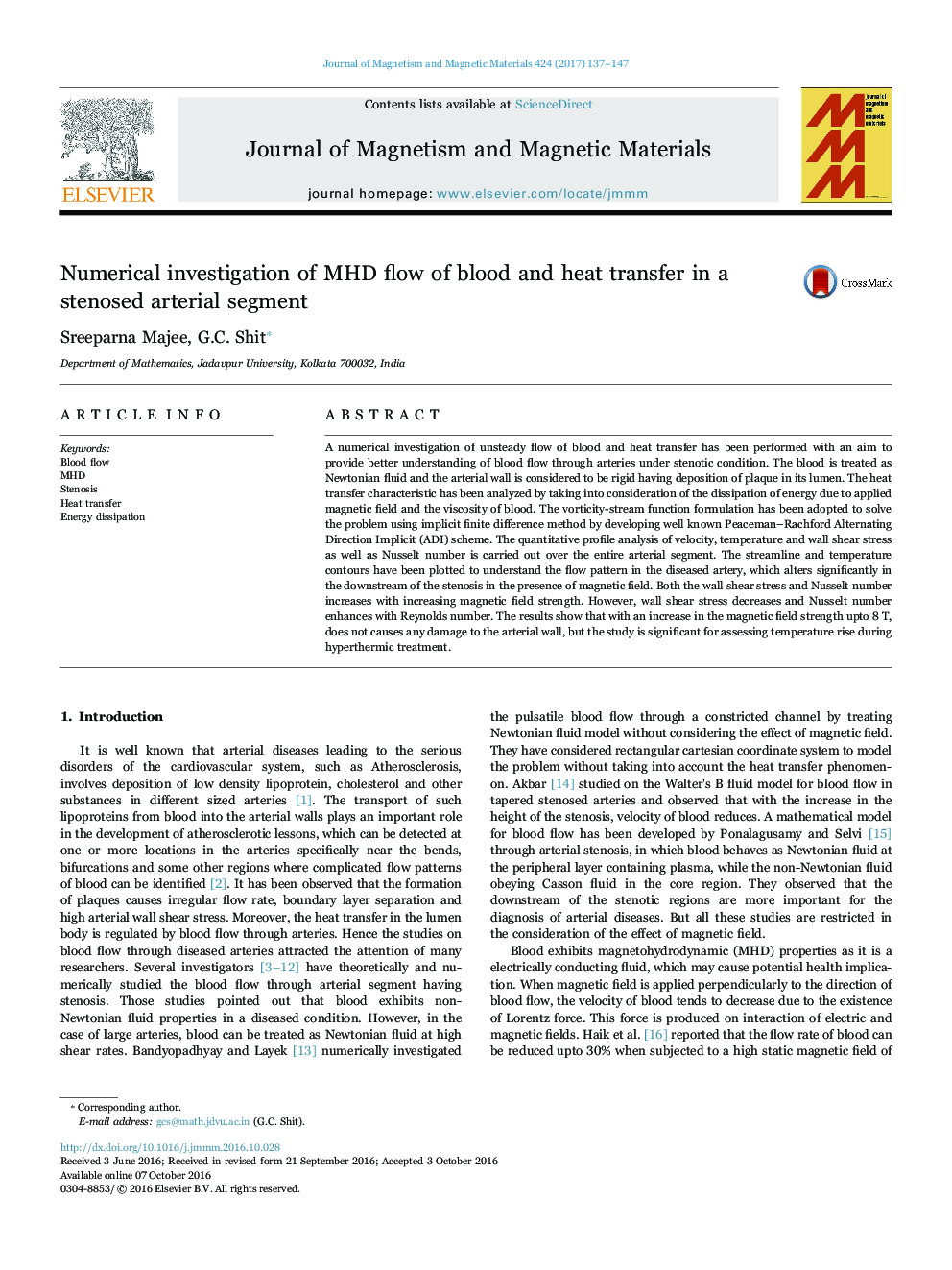 Numerical investigation of MHD flow of blood and heat transfer in a stenosed arterial segment