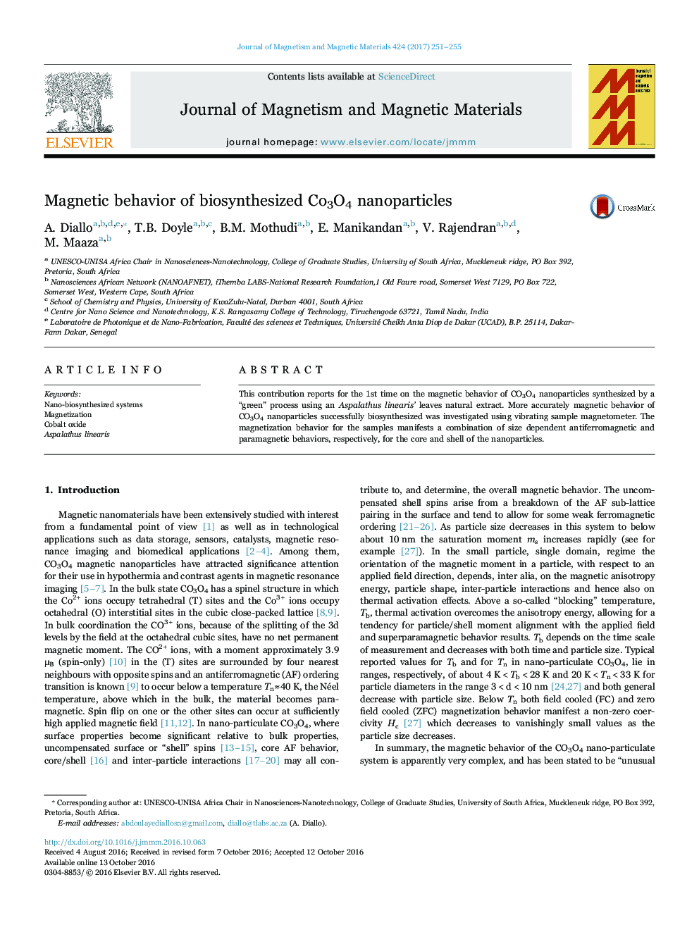 Magnetic behavior of biosynthesized Co3O4 nanoparticles