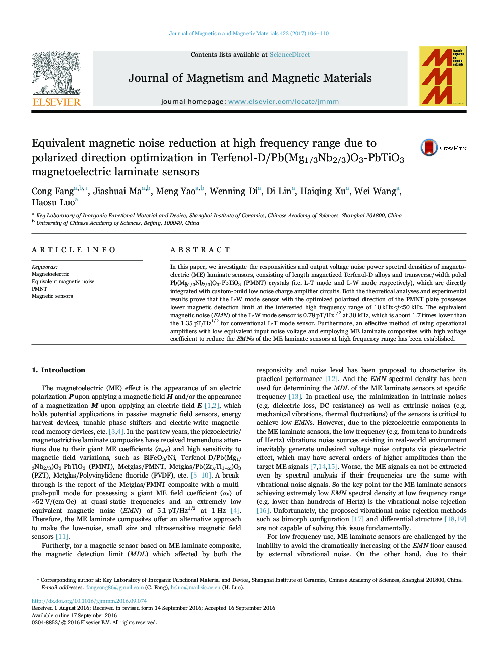 عکس صفحه اول مقاله: Equivalent magnetic noise reduction at high frequency range due to polarized direction optimization in Terfenol-D/Pb(Mg1/3Nb2/3)O3-PbTiO3 magnetoelectric laminate sensors Equivalent magnetic noise reduction at high frequency range due to polarized direction optimization in Terfenol-D/Pb(Mg1/3Nb2/3)O3-PbTiO3 magnetoelectric laminate sensors
