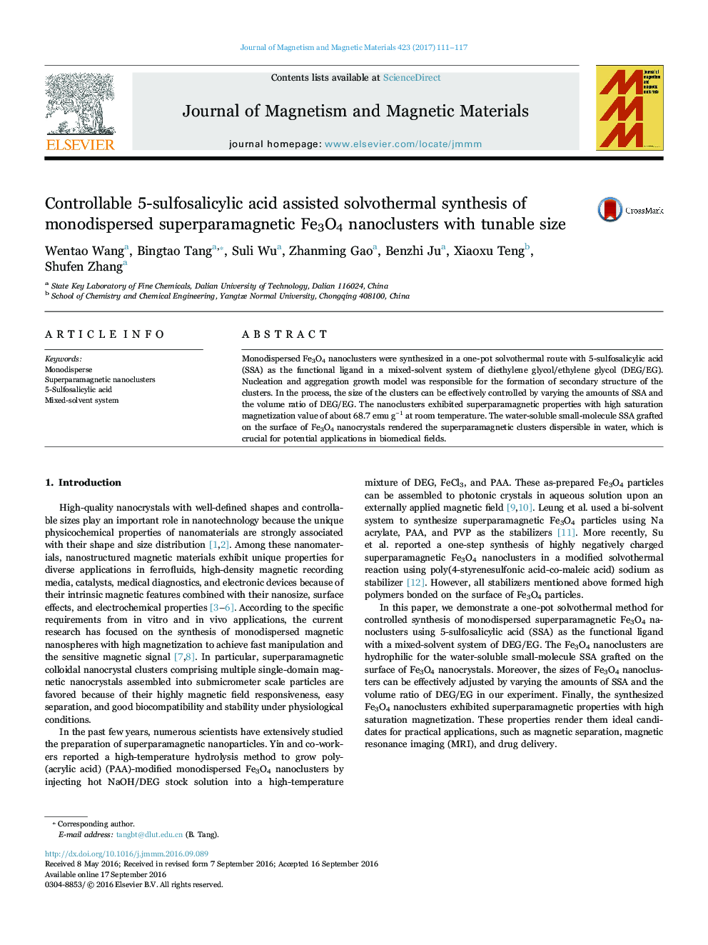 Controllable 5-sulfosalicylic acid assisted solvothermal synthesis of monodispersed superparamagnetic Fe3O4 nanoclusters with tunable size