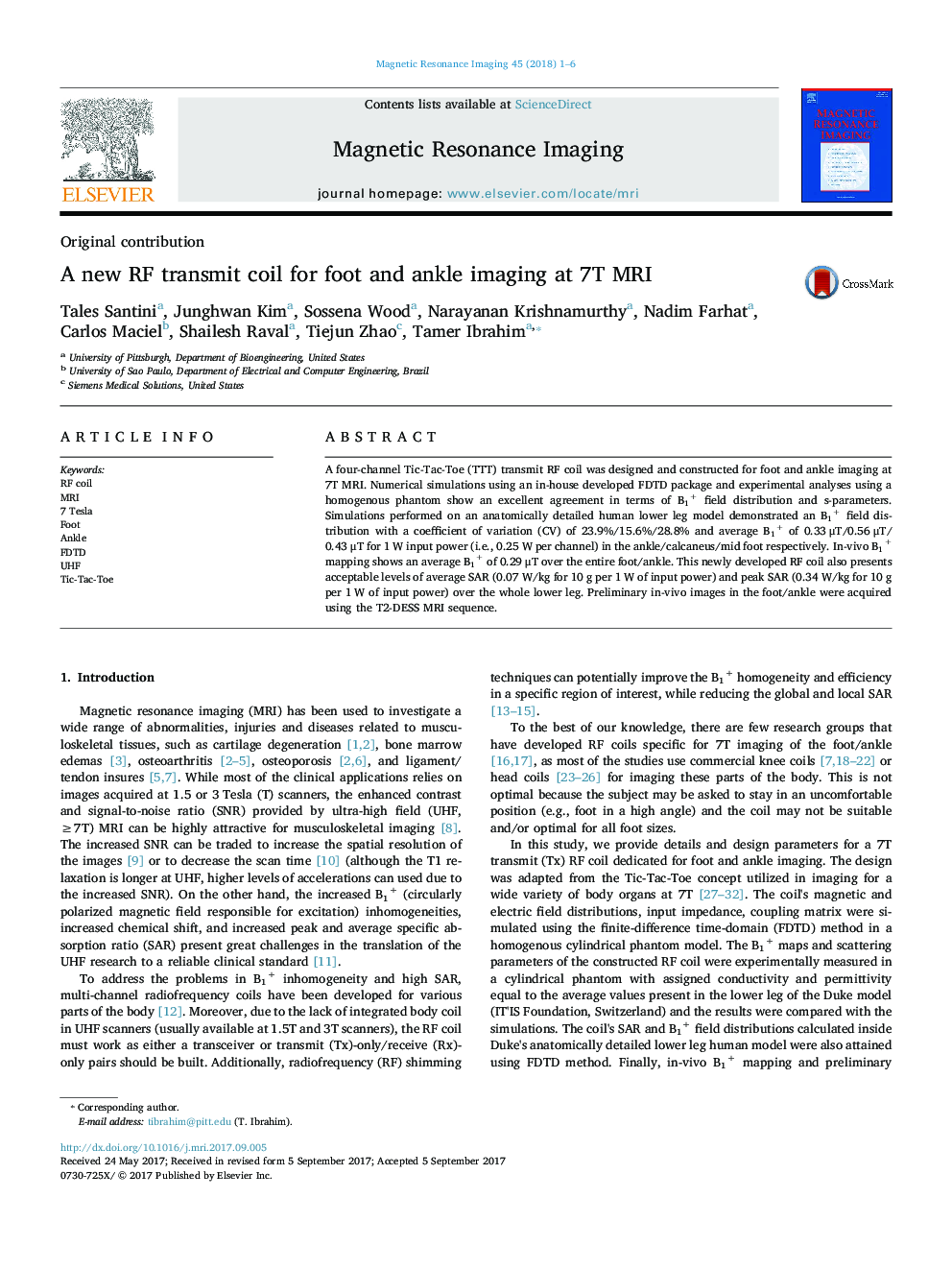 A new RF transmit coil for foot and ankle imaging at 7T MRI