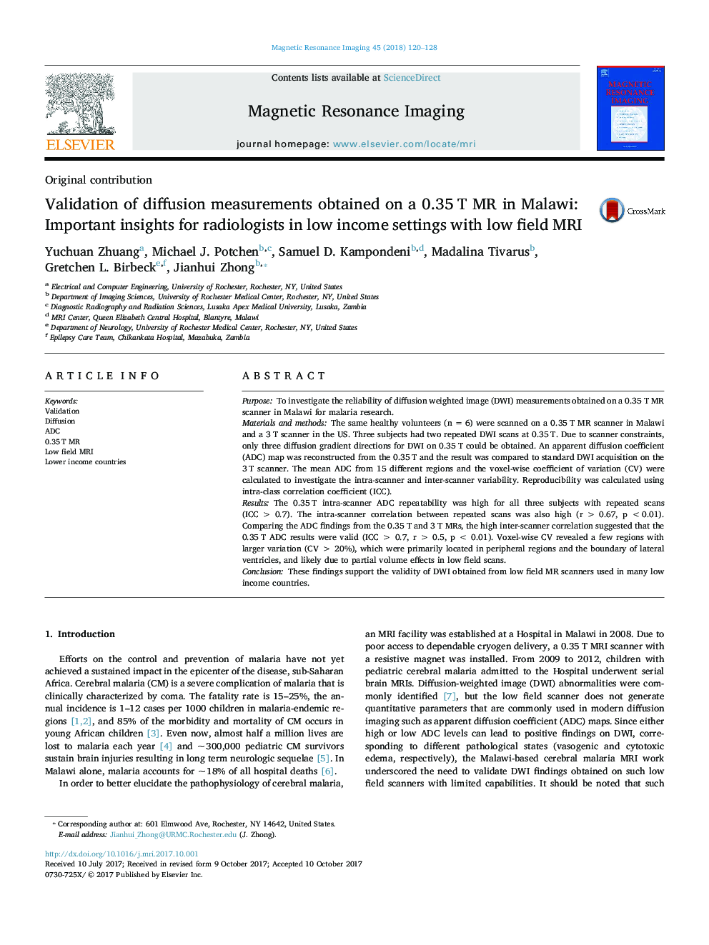 Validation of diffusion measurements obtained on a 0.35Â T MR in Malawi: Important insights for radiologists in low income settings with low field MRI