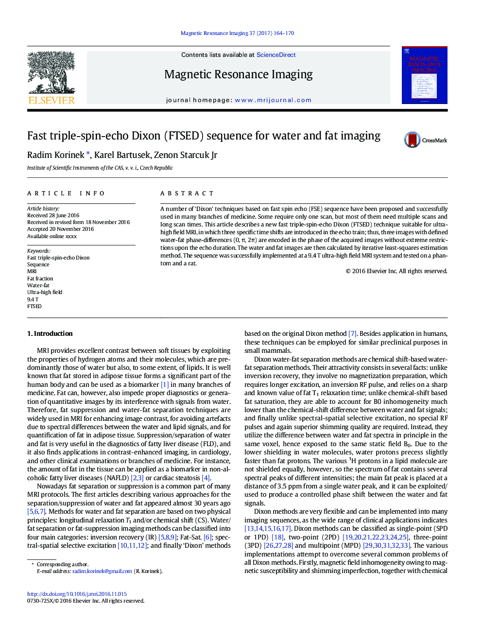 Fast triple-spin-echo Dixon (FTSED) sequence for water and fat imaging