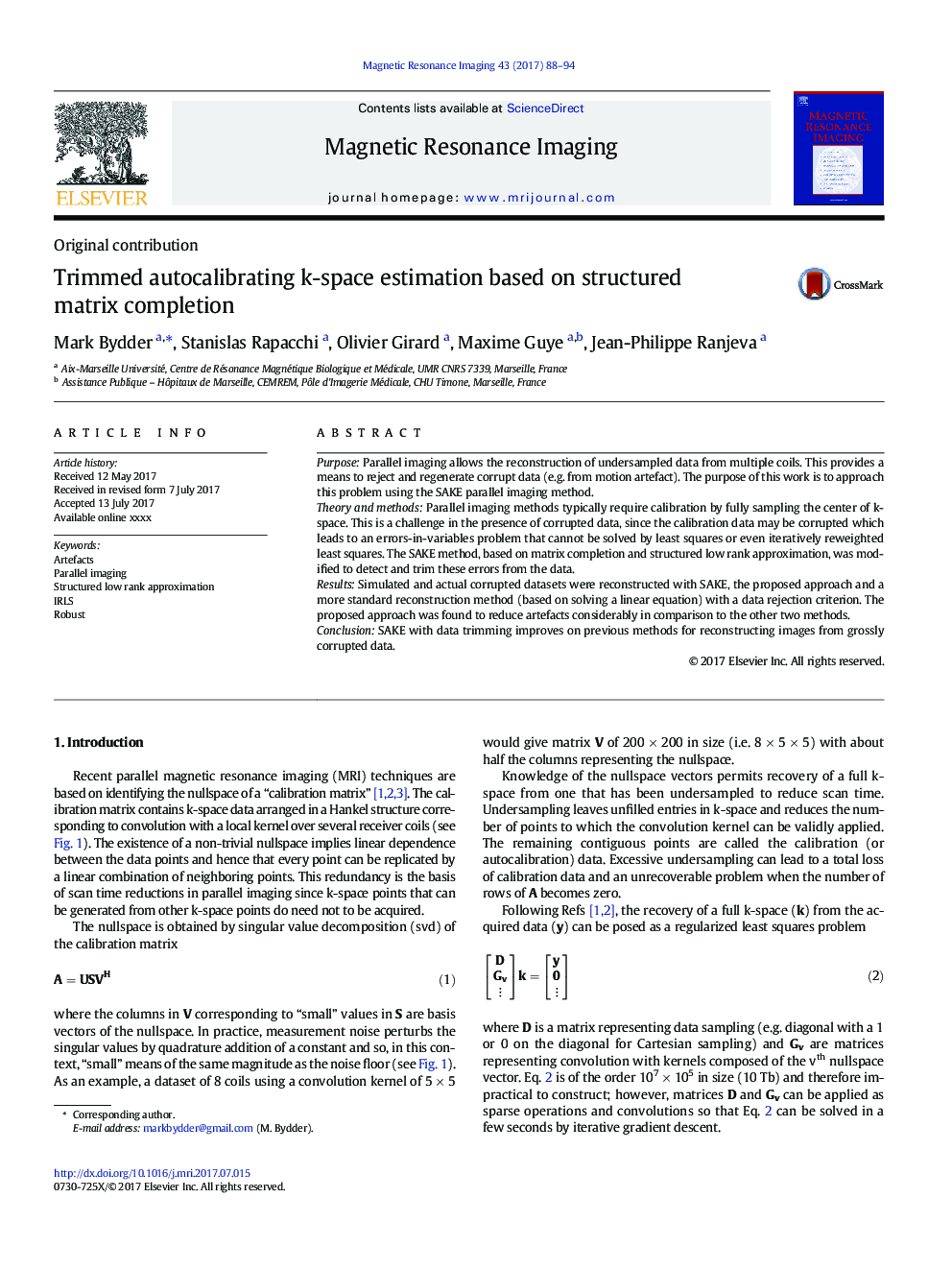 Trimmed autocalibrating k-space estimation based on structured matrix completion