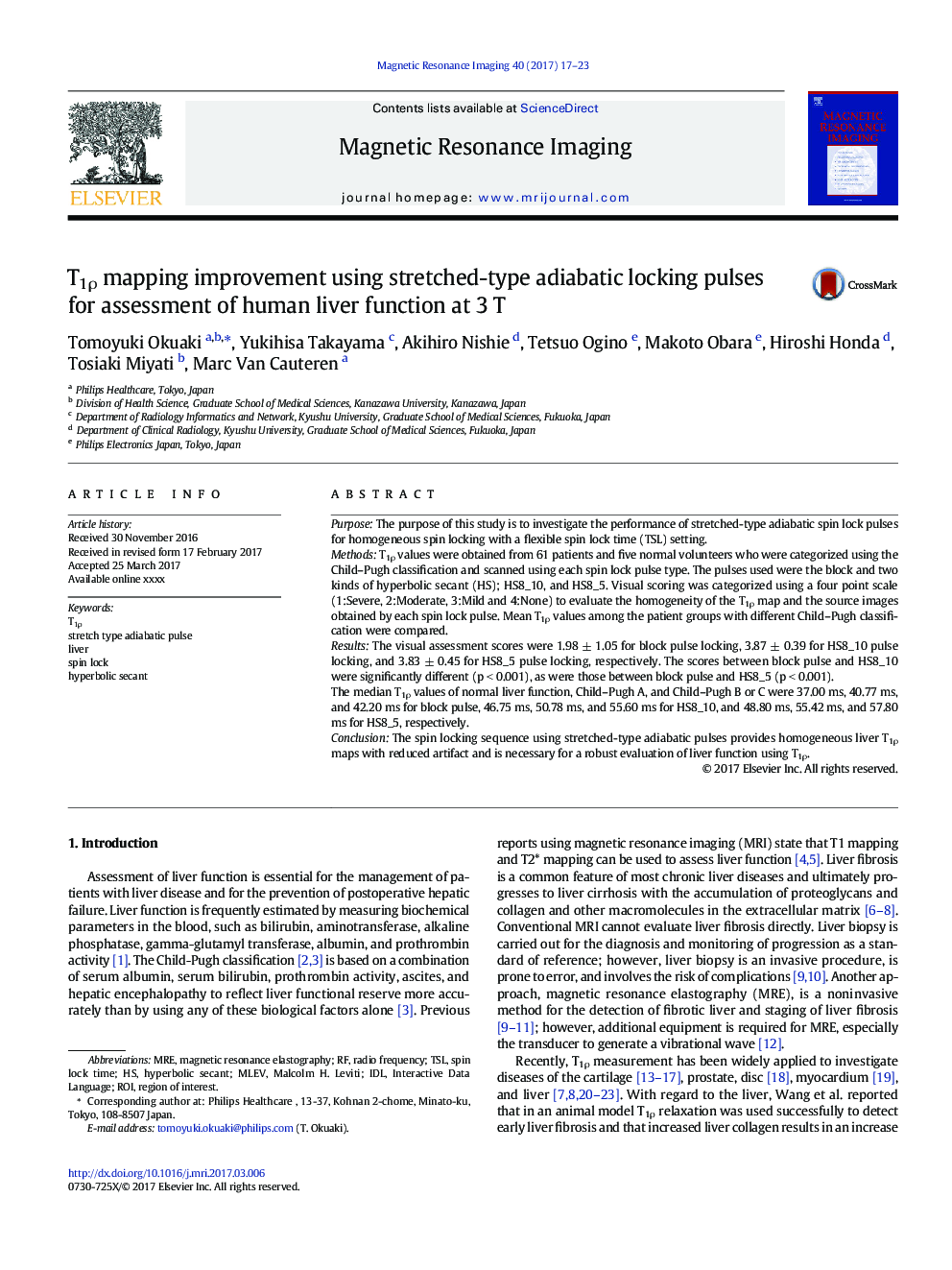 T1Ï mapping improvement using stretched-type adiabatic locking pulses for assessment of human liver function at 3Â T