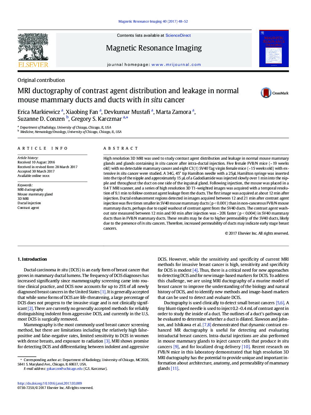 MRI ductography of contrast agent distribution and leakage in normal mouse mammary ducts and ducts with in situ cancer