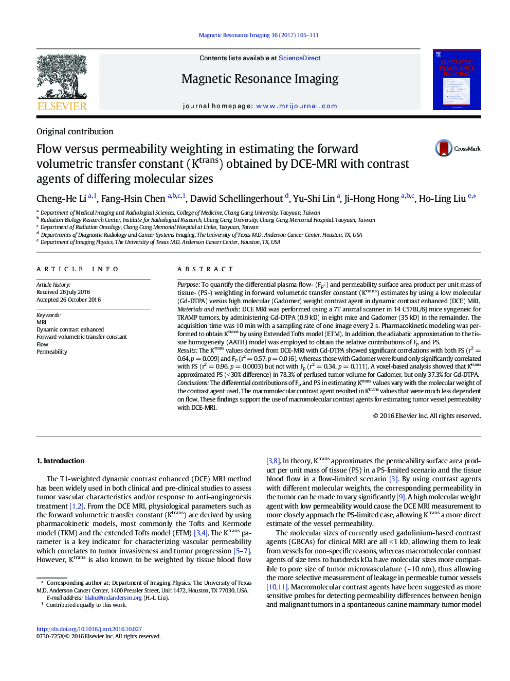 Flow versus permeability weighting in estimating the forward volumetric transfer constant (Ktrans) obtained by DCE-MRI with contrast agents of differing molecular sizes