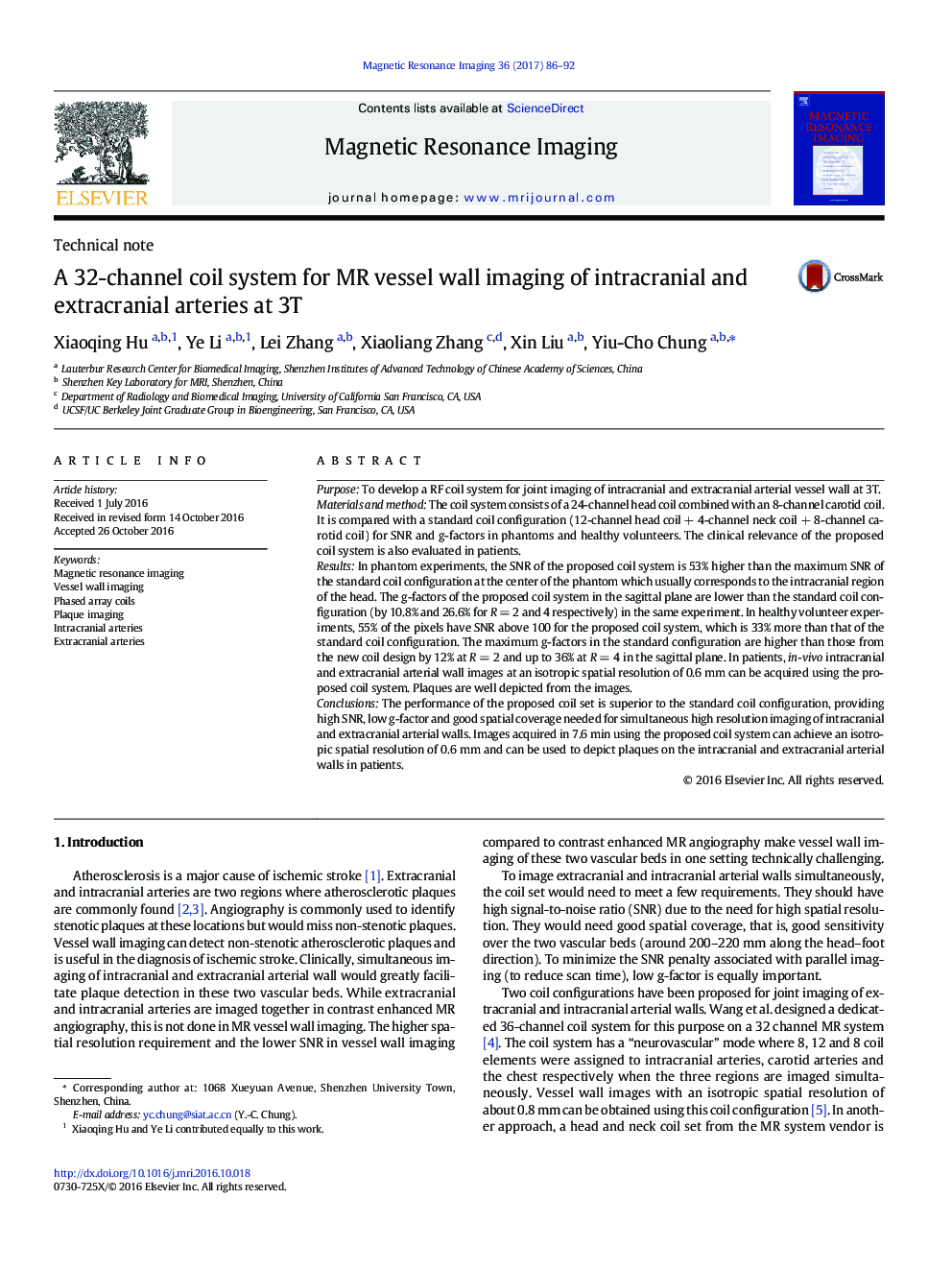 A 32-channel coil system for MR vessel wall imaging of intracranial and extracranial arteries at 3T