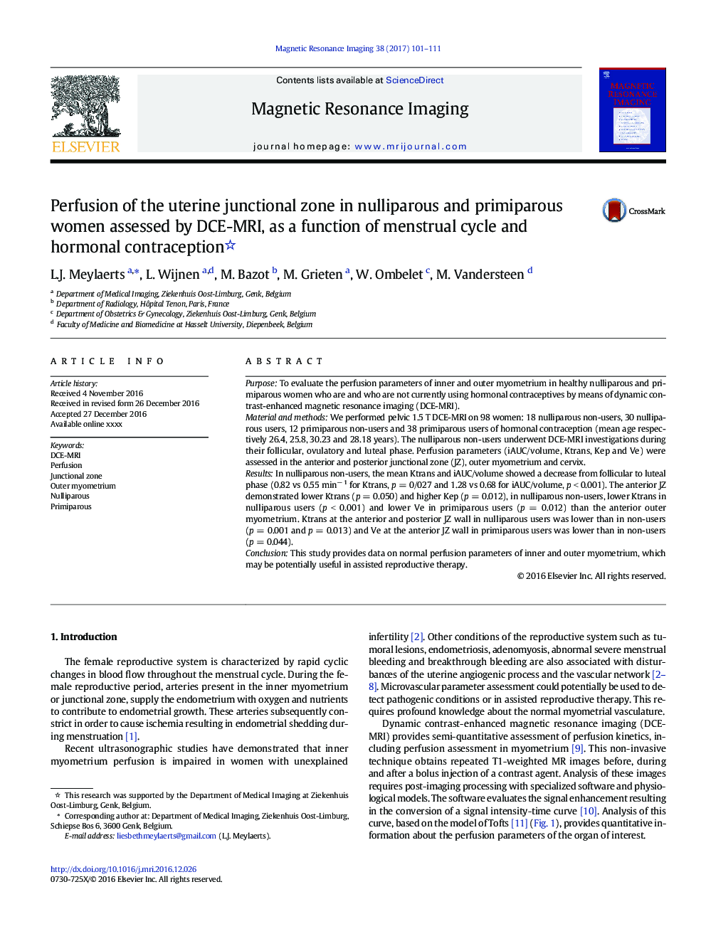 Perfusion of the uterine junctional zone in nulliparous and primiparous women assessed by DCE-MRI, as a function of menstrual cycle and hormonal contraception