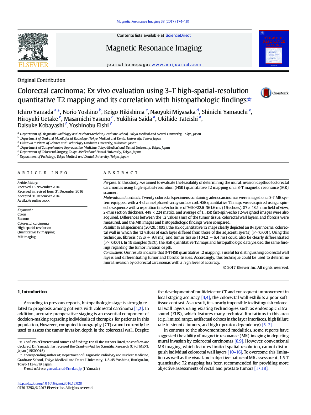 Colorectal carcinoma: Ex vivo evaluation using 3-T high-spatial-resolution quantitative T2 mapping and its correlation with histopathologic findings