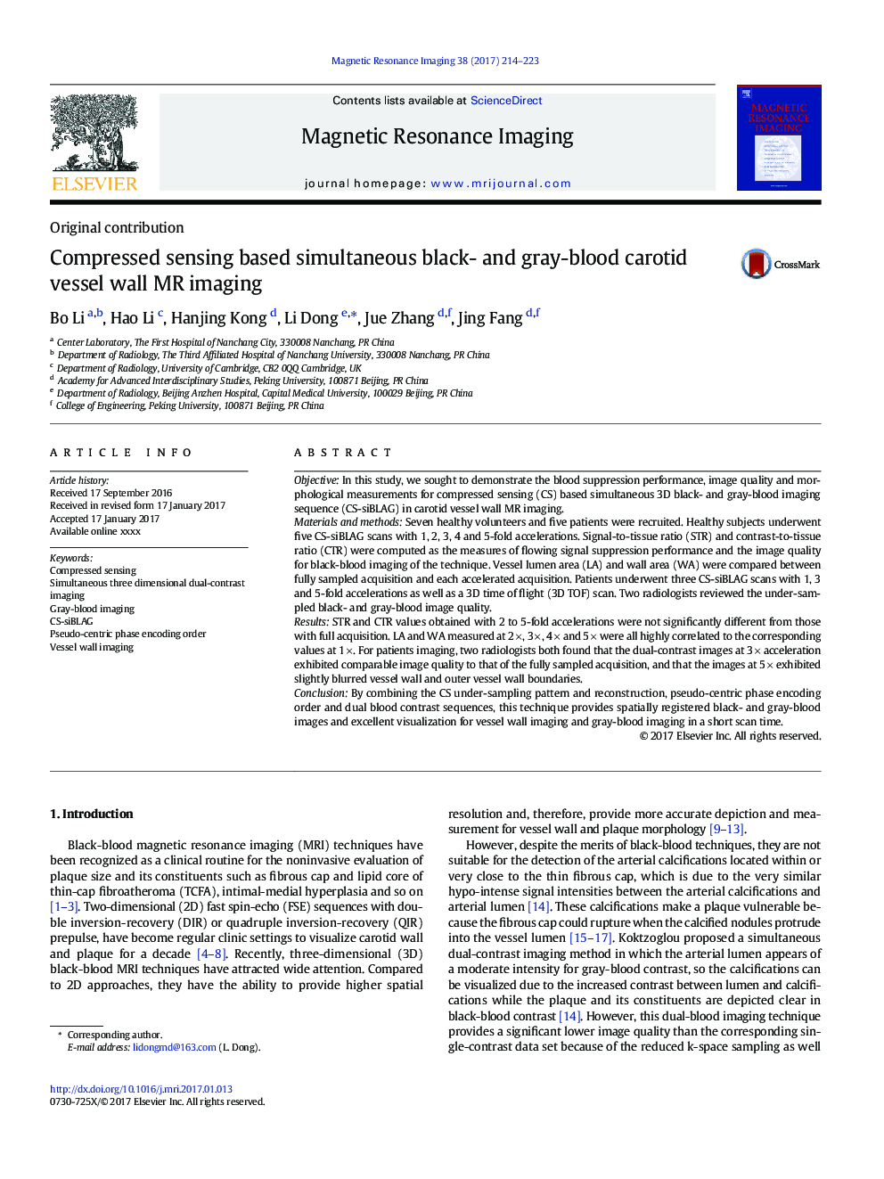 Compressed sensing based simultaneous black- and gray-blood carotid vessel wall MR imaging