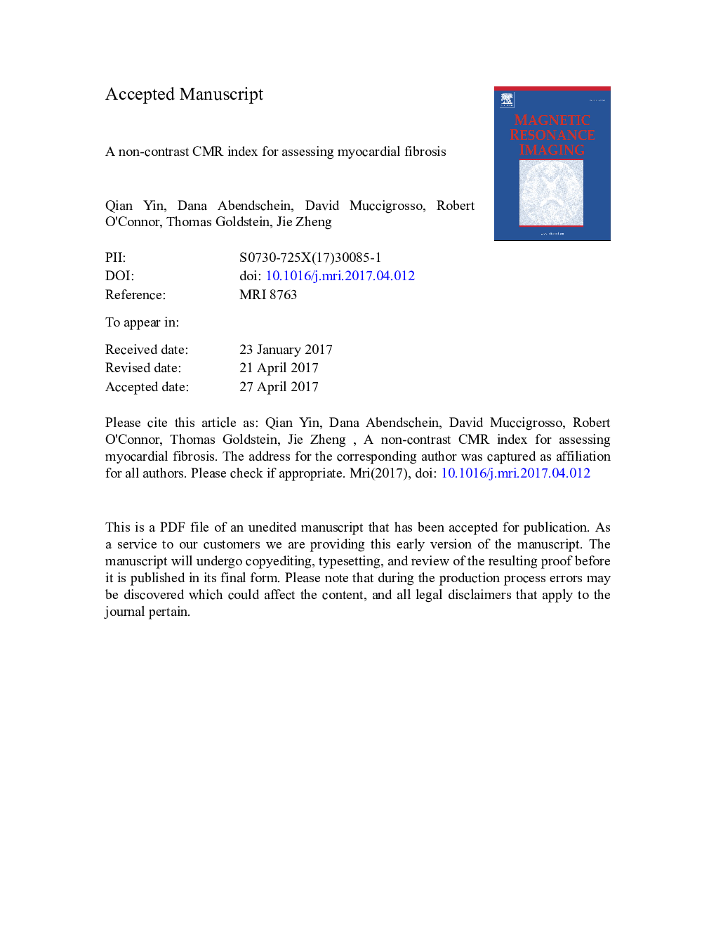 عکس صفحه اول مقاله: A non-contrast CMR index for assessing myocardial fibrosis A non-contrast CMR index for assessing myocardial fibrosis