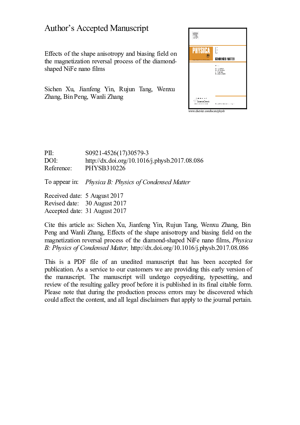 Effects of the shape anisotropy and biasing field on the magnetization reversal process of the diamond-shaped NiFe nano films