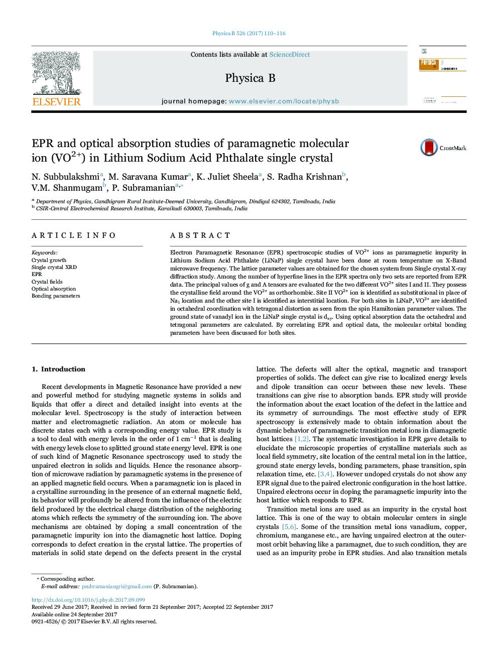 EPR and optical absorption studies of paramagnetic molecular ion (VO2+) in Lithium Sodium Acid Phthalate single crystal