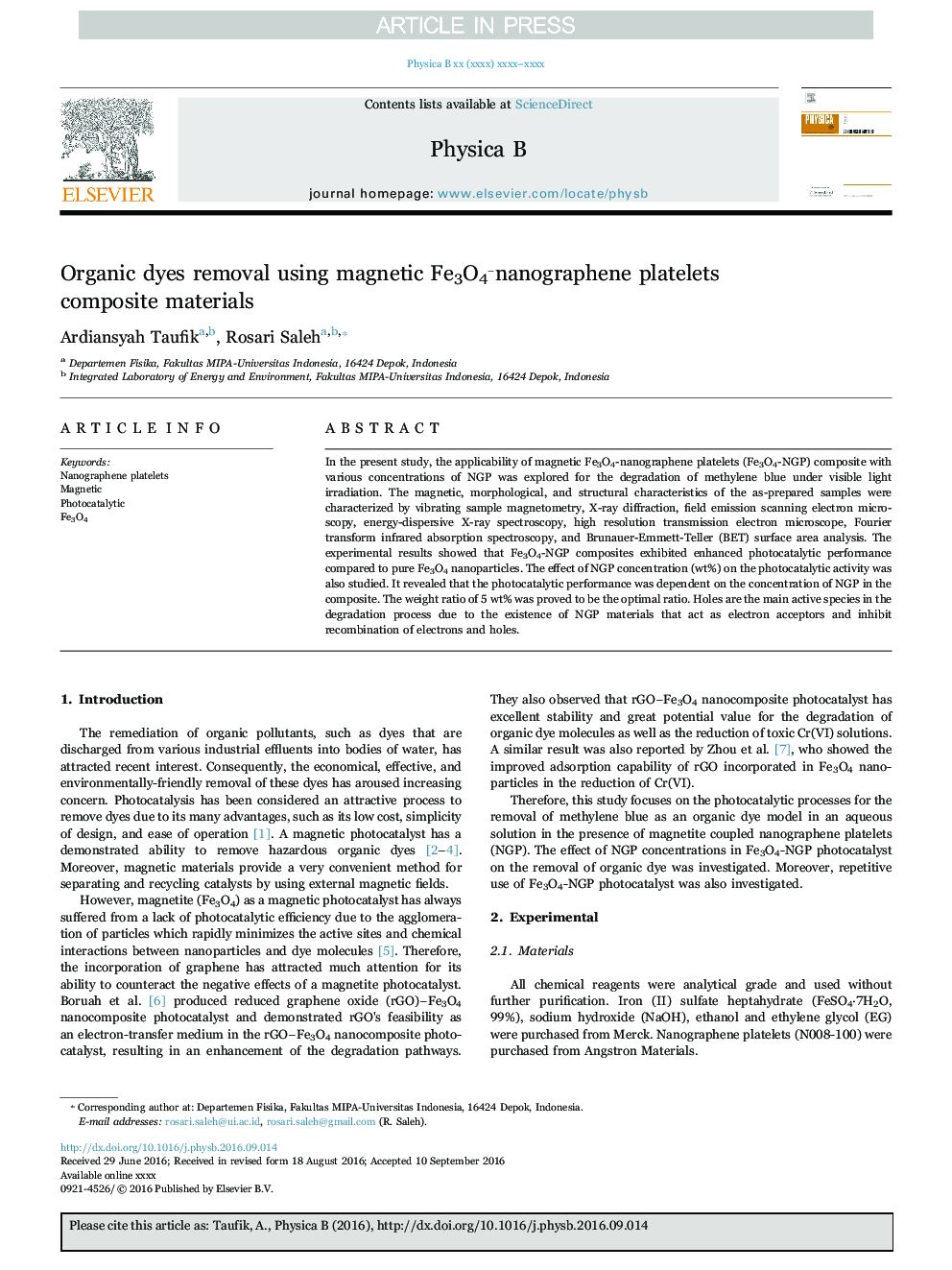 Organic dyes removal using magnetic Fe3O4ânanographene platelets composite materials