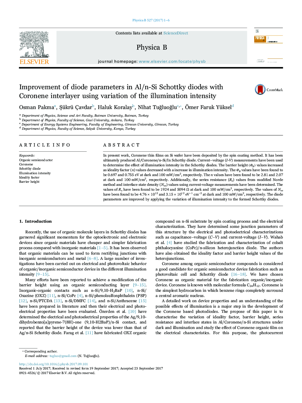 Improvement of diode parameters in Al/n-Si Schottky diodes with Coronene interlayer using variation of the illumination intensity