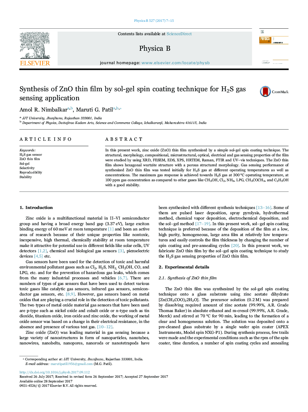 Synthesis of ZnO thin film by sol-gel spin coating technique for H2S gas sensing application