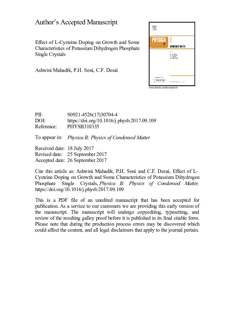 Effect of L-Cysteine doping on growth and some characteristics of potassium dihydrogen phosphate single crystals