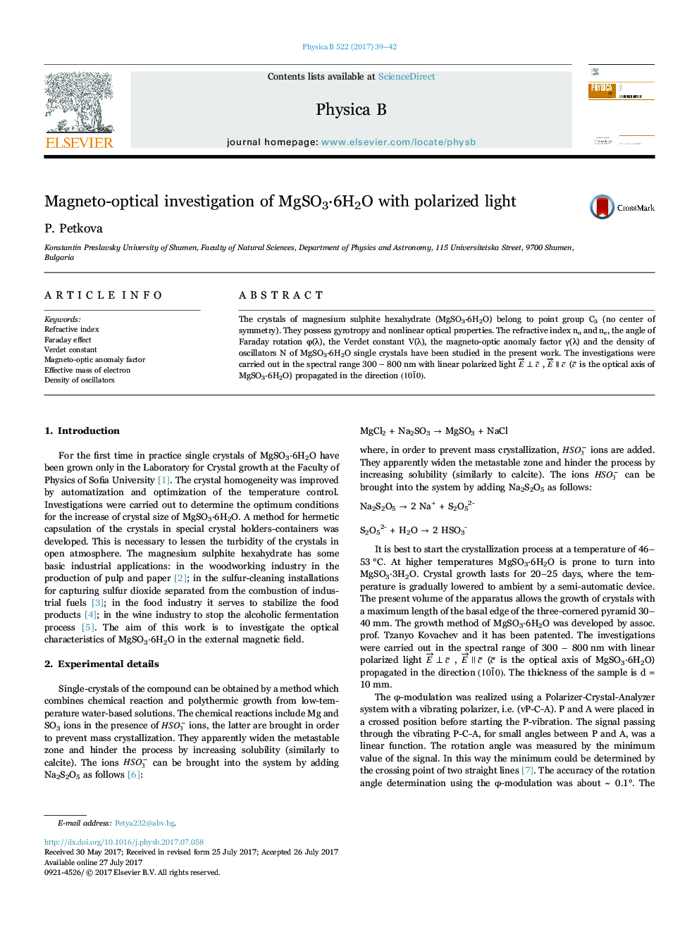 Magneto-optical investigation of MgSO3Â·6H2O with polarized light