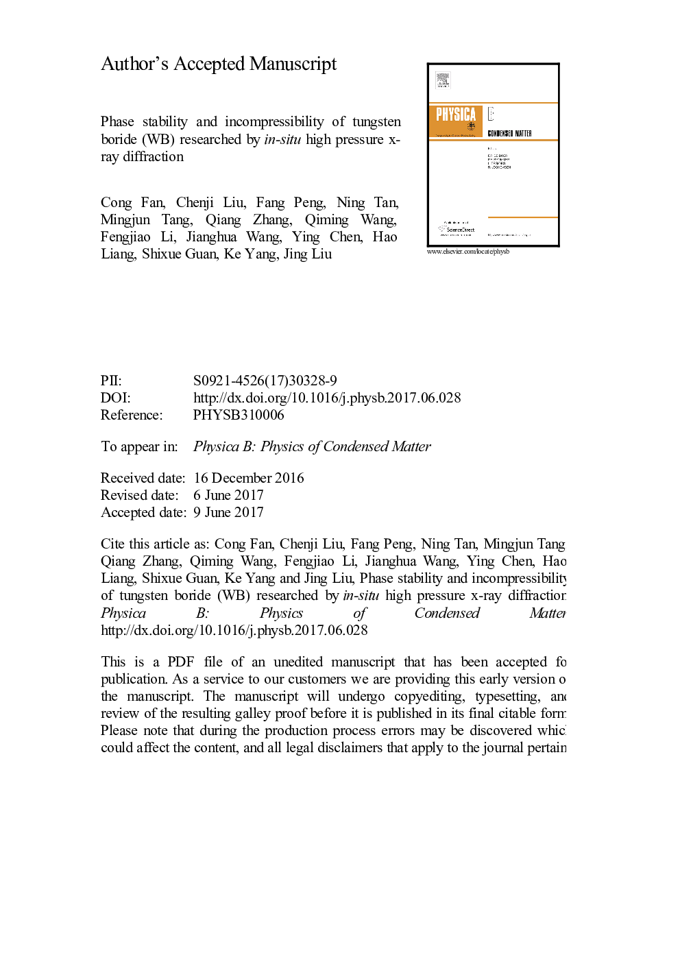 Phase stability and incompressibility of tungsten boride (WB) researched by in-situ high pressure x-ray diffraction