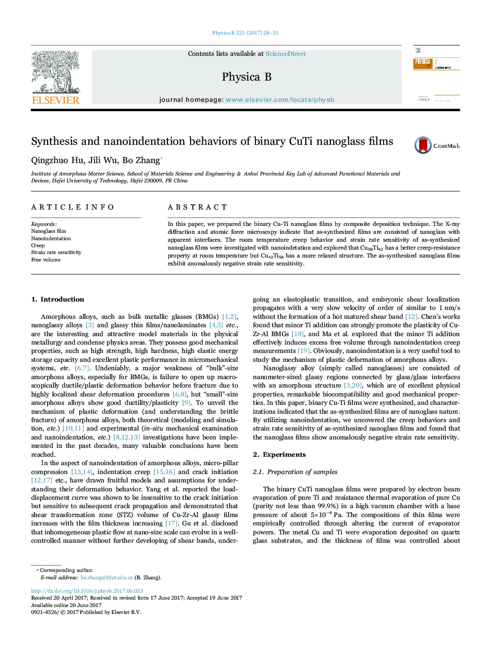 Synthesis and nanoindentation behaviors of binary CuTi nanoglass films