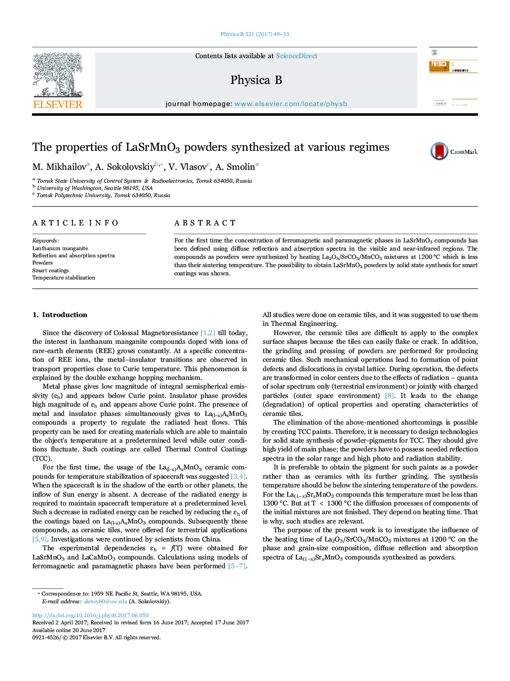 The properties of LaSrÐnO3 powders synthesized at various regimes