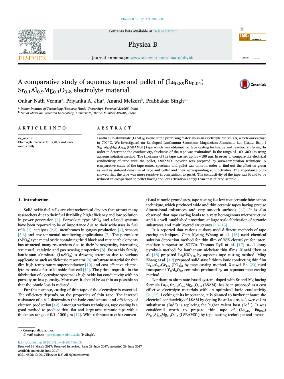 A comparative study of aqueous tape and pellet of (La0.89Ba0.01) Sr0.1Al0.9Mg0.1O3-Î´ electrolyte material