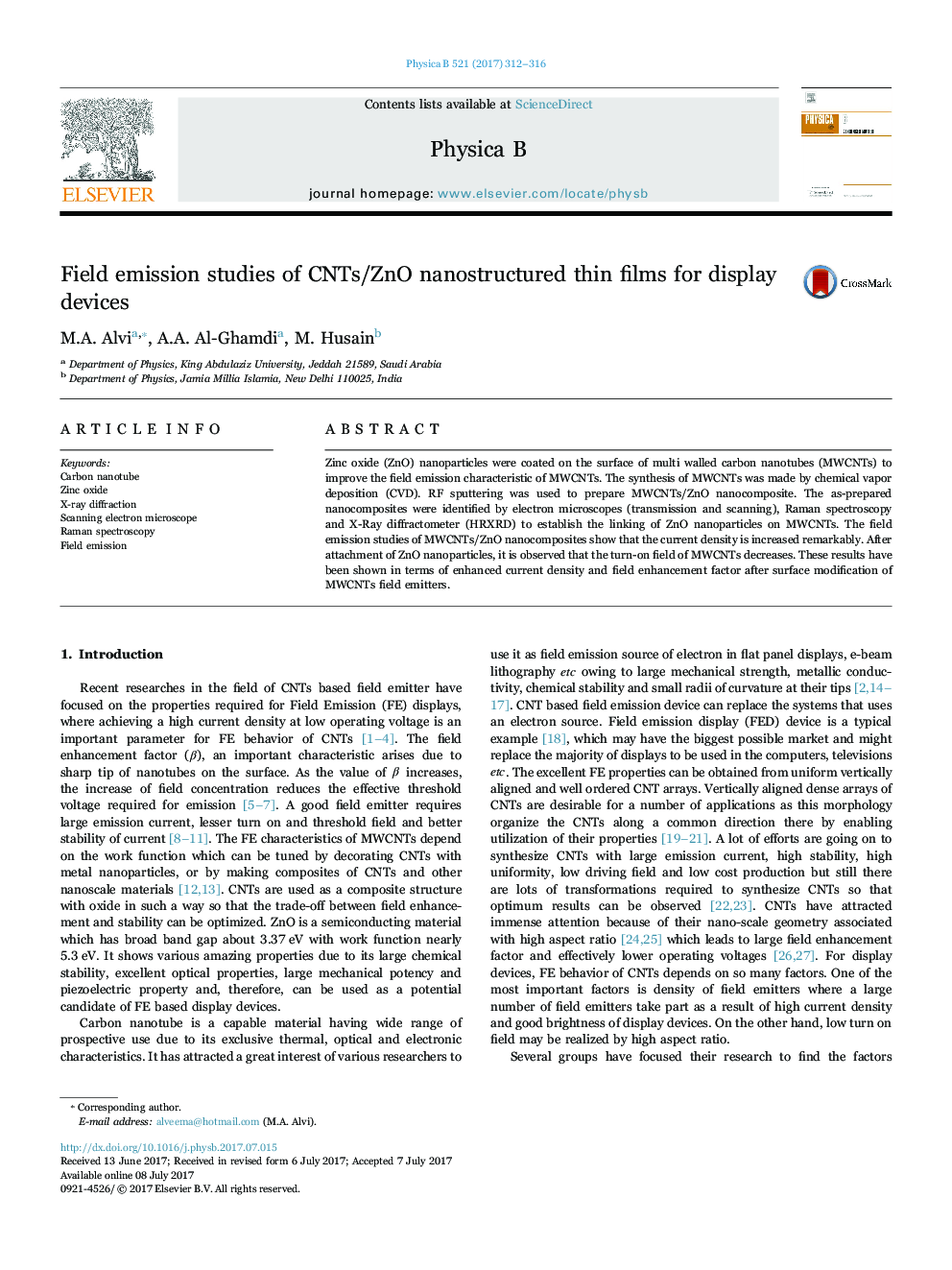 Field emission studies of CNTs/ZnO nanostructured thin films for display devices