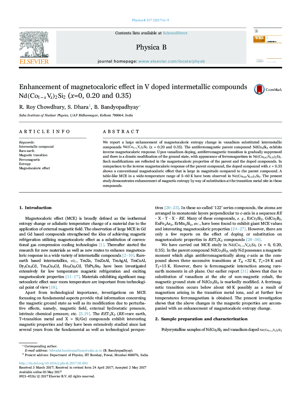 Enhancement of magnetocaloric effect in V doped intermetallic compounds Nd(Co1âxVx)2Si2 (x=0, 0.20 and 0.35)