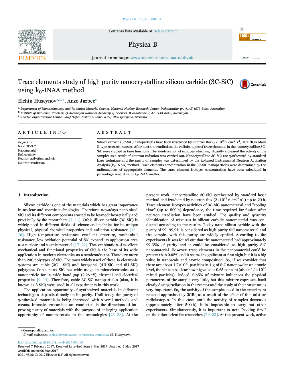 Trace elements study of high purity nanocrystalline silicon carbide (3C-SiC) using k0-INAA method