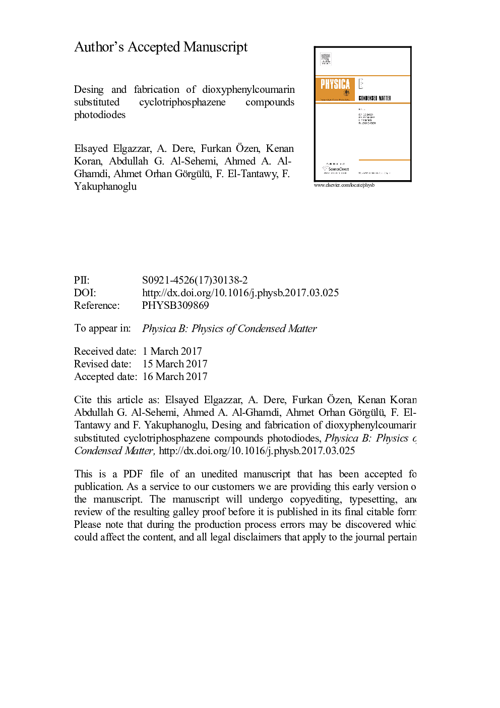 Design and fabrication of dioxyphenylcoumarin substituted cyclotriphosphazene compounds photodiodes