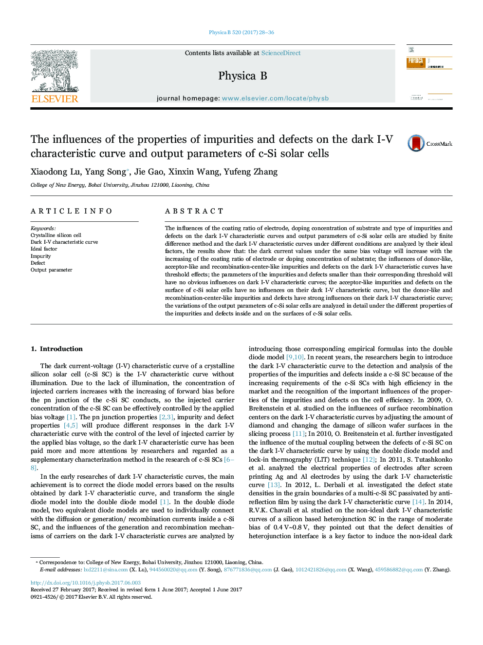 The influences of the properties of impurities and defects on the dark I-V characteristic curve and output parameters of c-Si solar cells