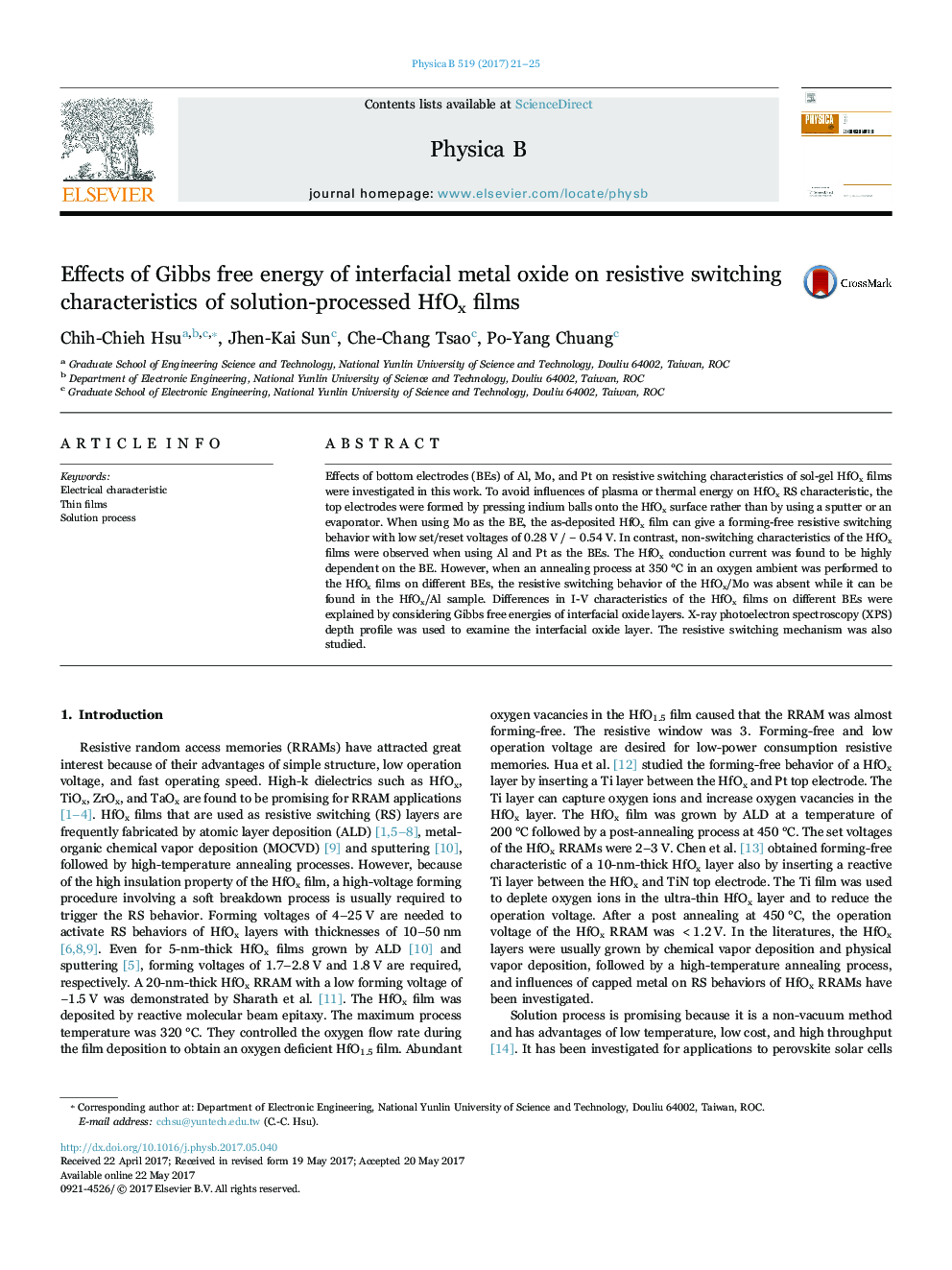 Effects of Gibbs free energy of interfacial metal oxide on resistive switching characteristics of solution-processed HfOx films