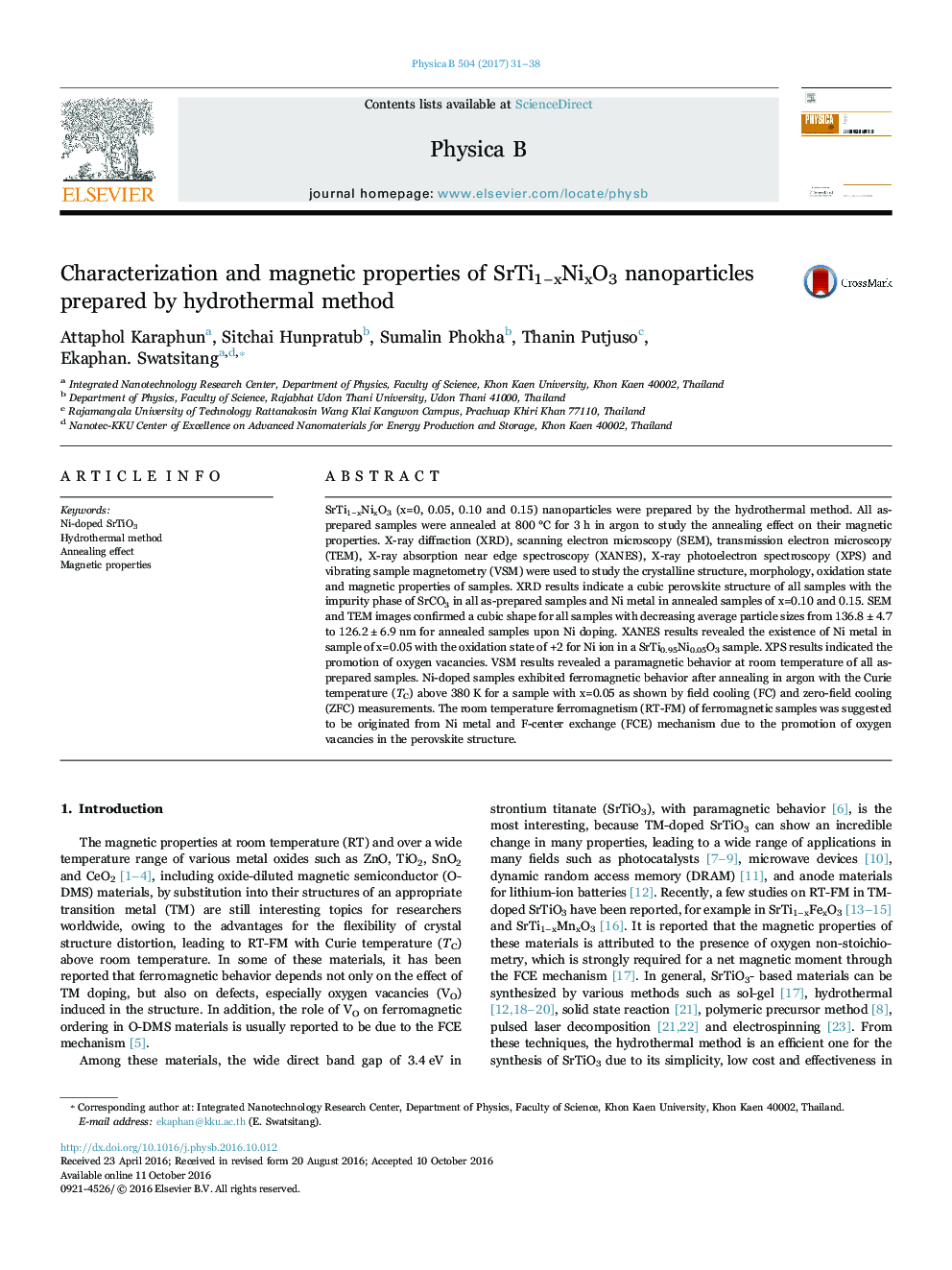 Characterization and magnetic properties of SrTi1âxNixO3 nanoparticles prepared by hydrothermal method