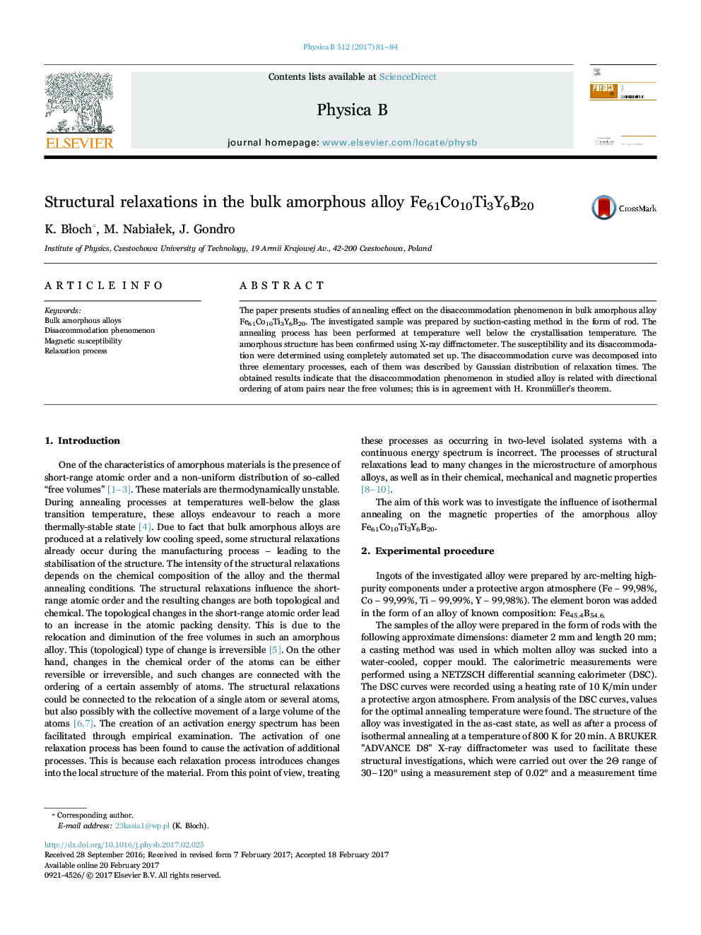 Structural relaxations in the bulk amorphous alloy Fe61Co10Ti3Y6B20