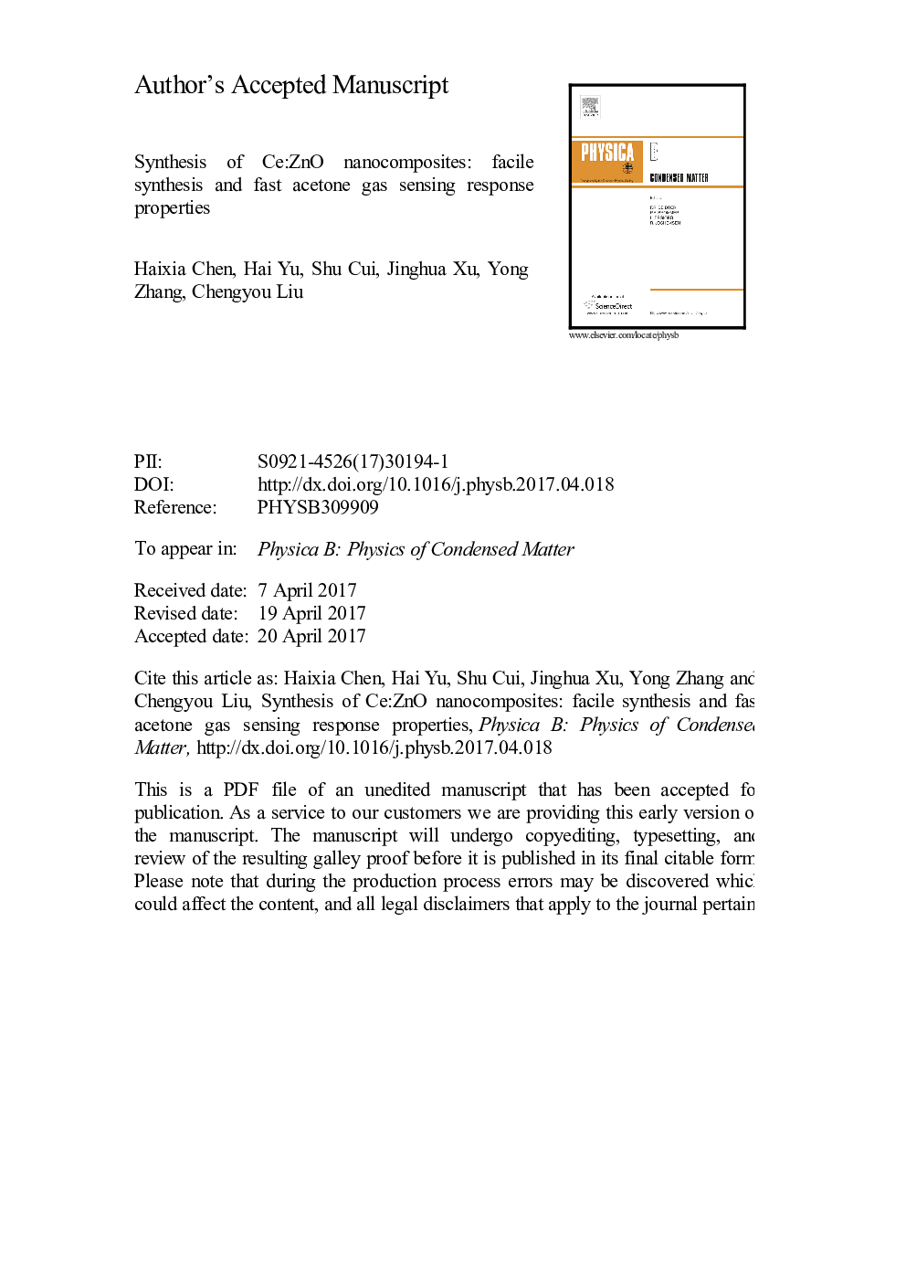 Synthesis of Ce:ZnO nanocomposites: Facile synthesis and fast acetone gas sensing response properties