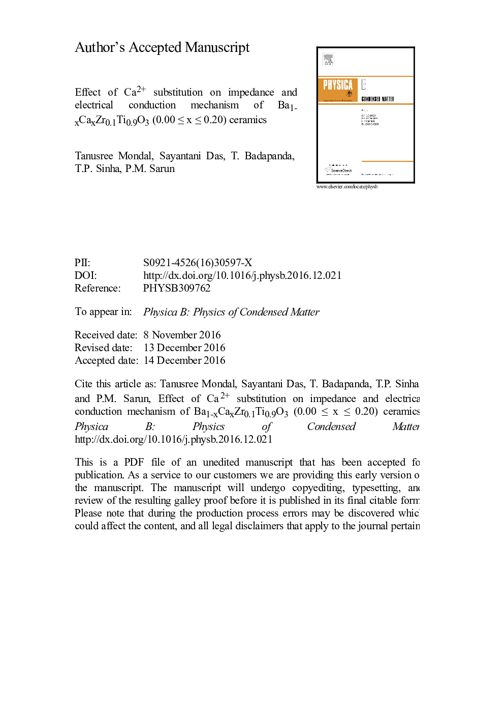 Effect of Ca2+ substitution on impedance and electrical conduction mechanism of Ba1âxCaxZr0.1Ti0.9O3 (0.00â¤xâ¤0.20) ceramics