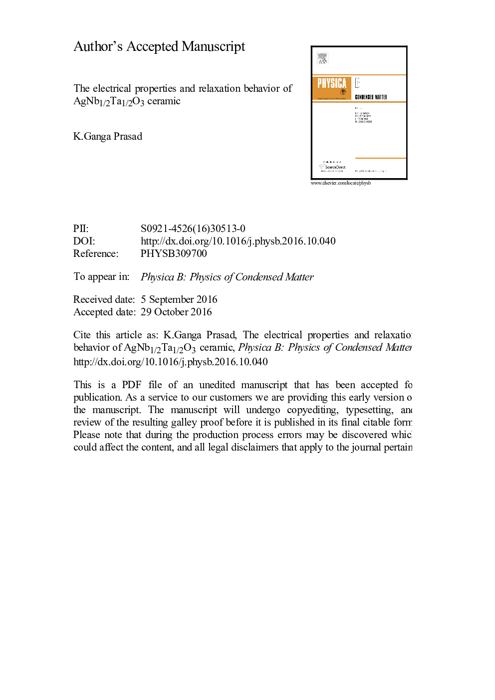 The electrical properties and relaxation behavior of AgNb1/2Ta1/2O3 ceramic