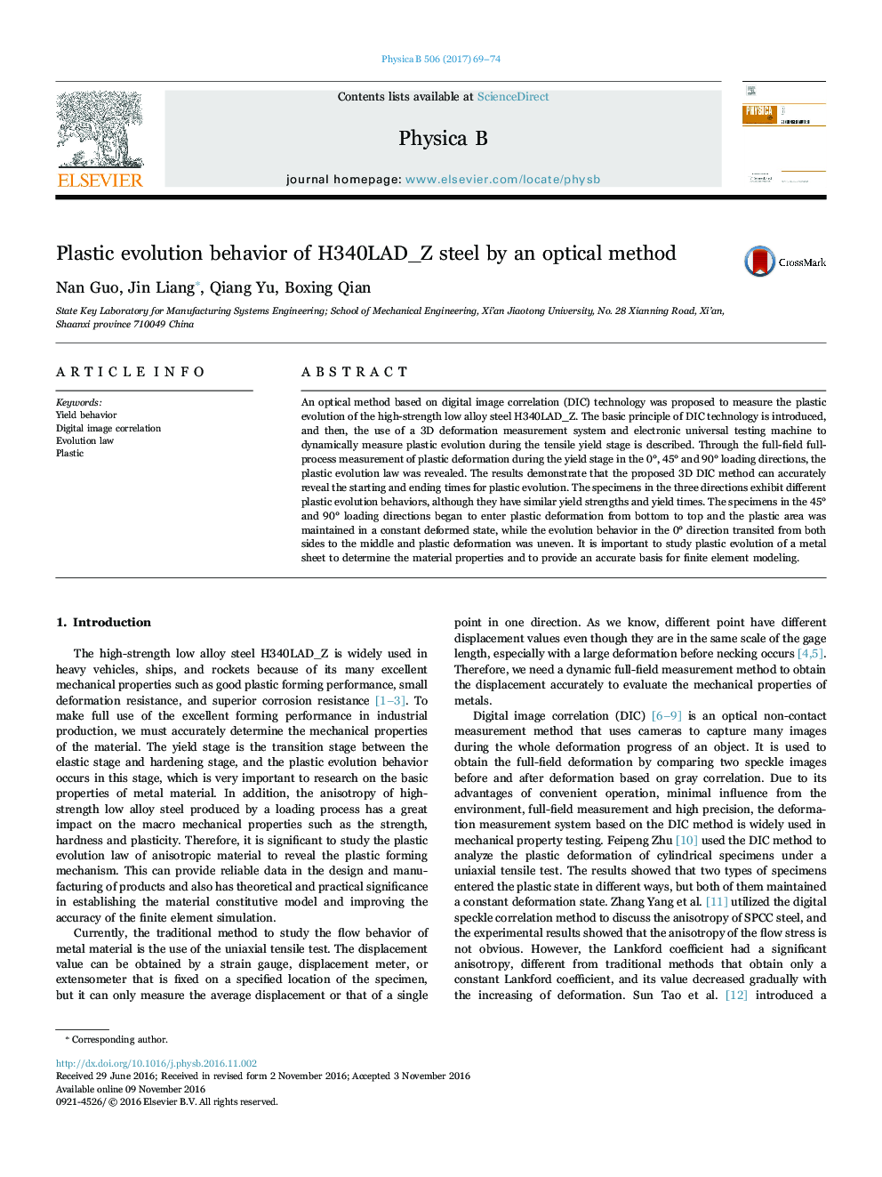 Plastic evolution behavior of H340LAD_Z steel by an optical method