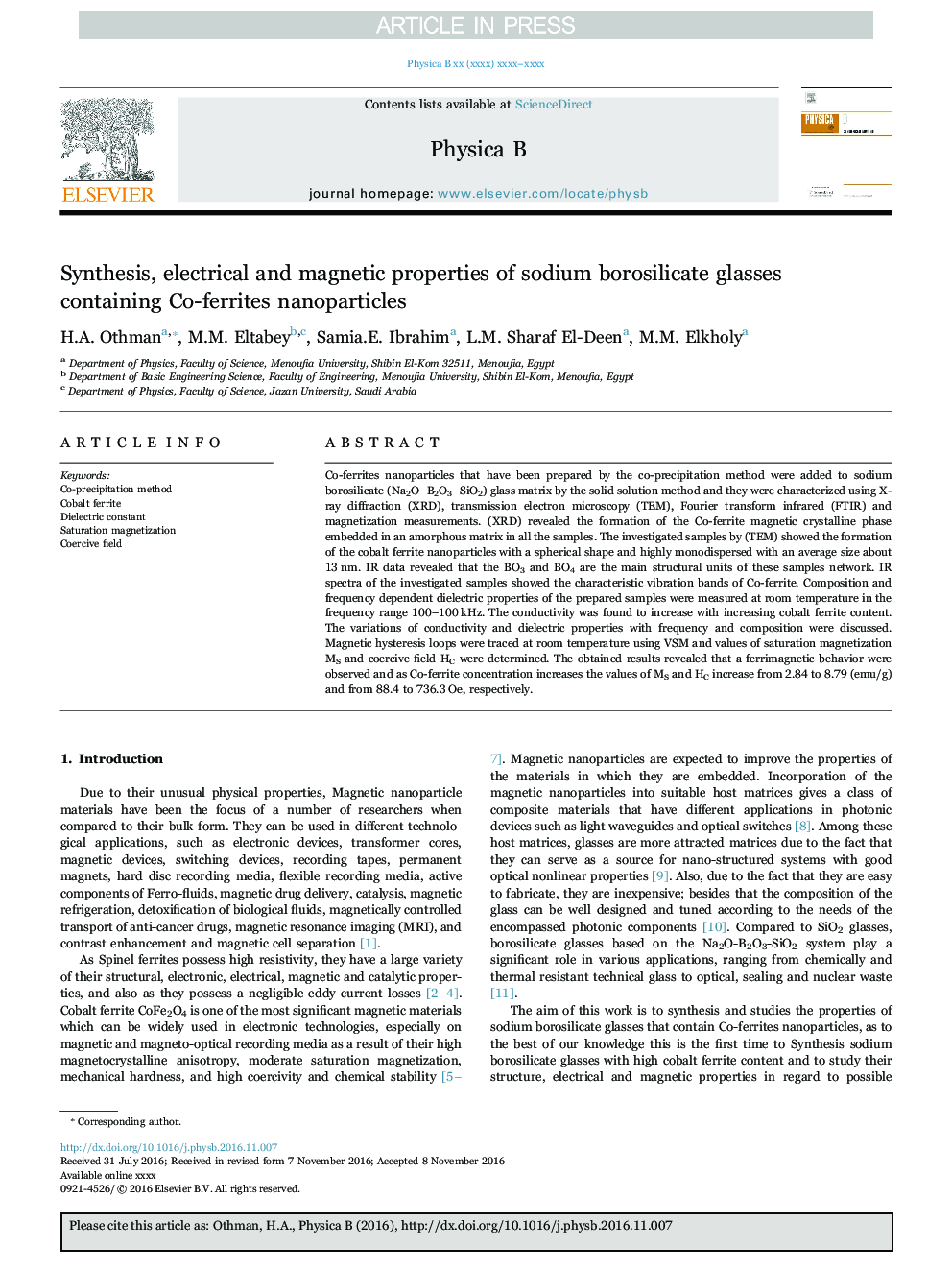 Synthesis, electrical and magnetic properties of sodium borosilicate glasses containing Co-ferrites nanoparticles