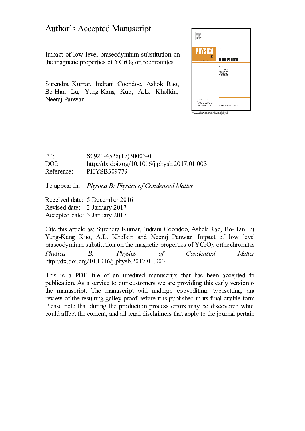 Impact of low level praseodymium substitution on the magnetic properties of YCrO3 orthochromites